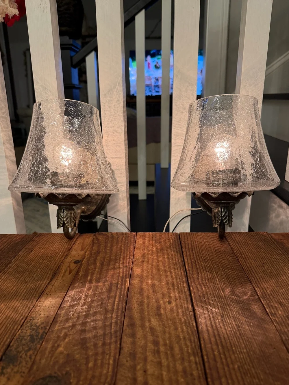 Vintage Crackle Glass Wall Sconce Pair with Bronze-tone Accents